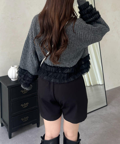 網紗荷葉邊針織開衫