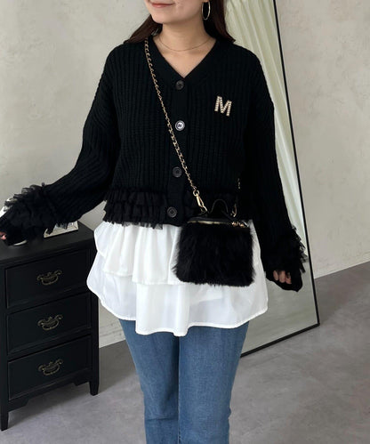 網紗荷葉邊針織開衫