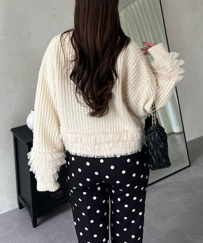 網紗荷葉邊針織開衫