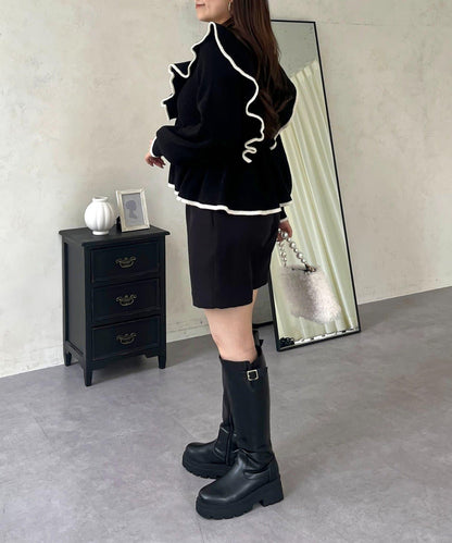 珍珠扣拼色荷葉邊短款針織衫