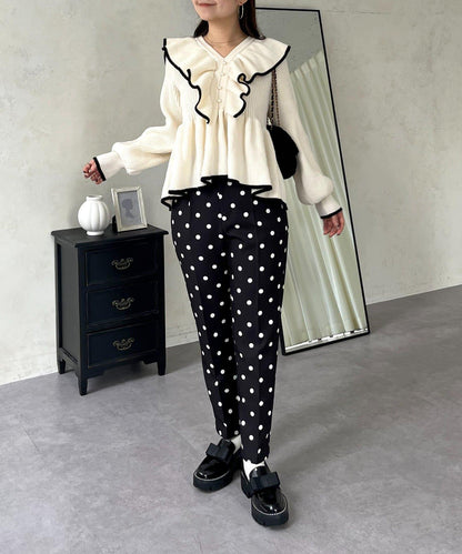 珍珠扣拼色荷葉邊短款針織衫