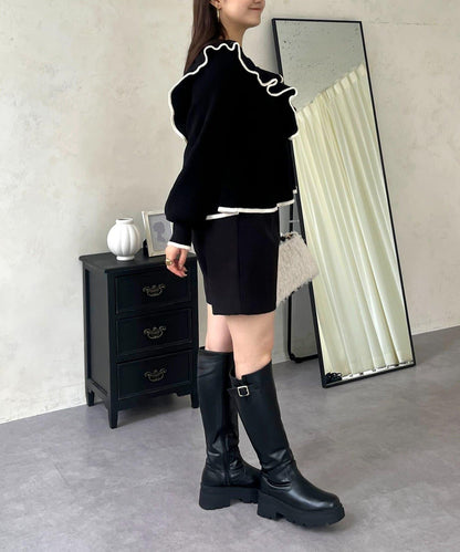 珍珠扣拼色荷葉邊短款針織衫
