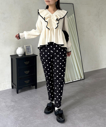 珍珠扣拼色荷葉邊短款針織衫