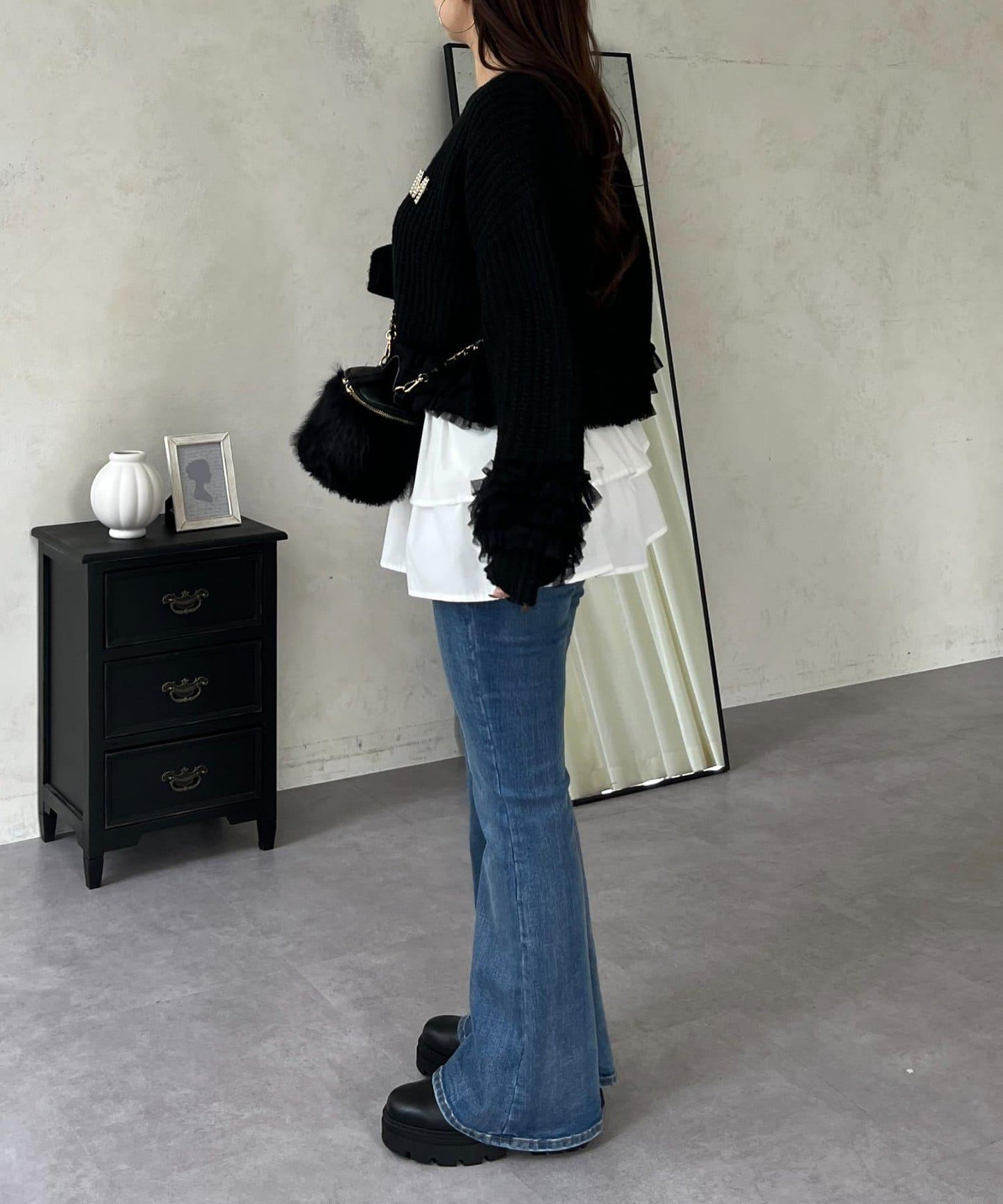 網紗荷葉邊針織開衫