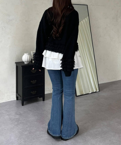 網紗荷葉邊針織開衫