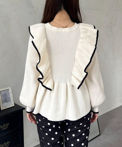 珍珠扣拼色荷葉邊短款針織衫