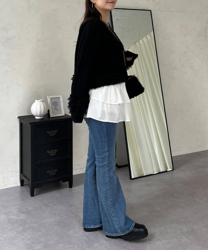 網紗荷葉邊針織開衫