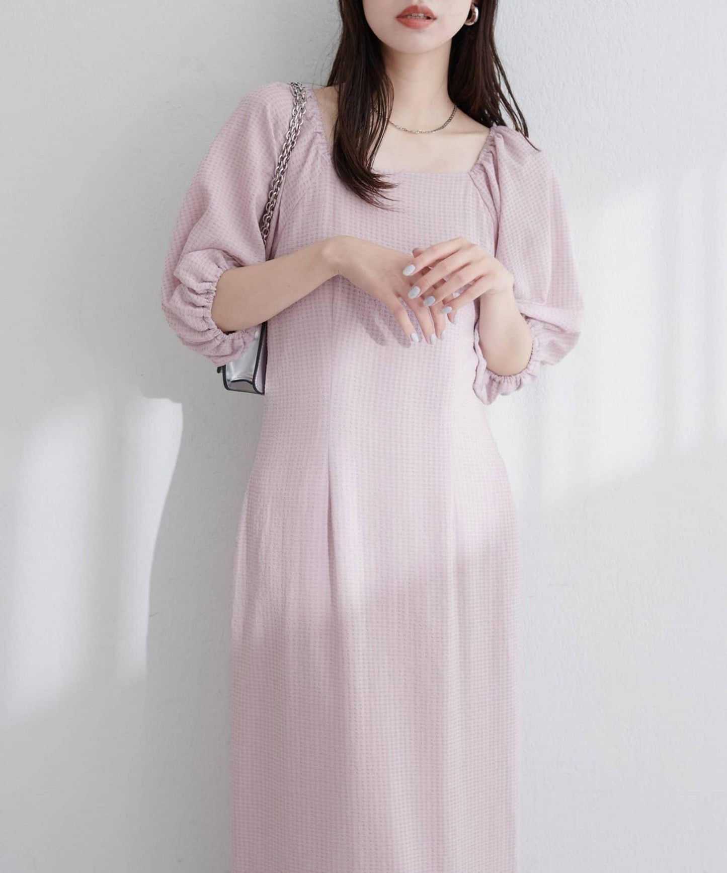 【natural couture】立體格紋泡泡袖連衣裙