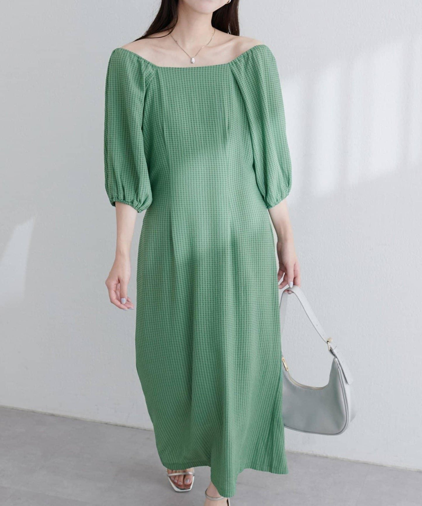 【natural couture】立體格紋泡泡袖連衣裙