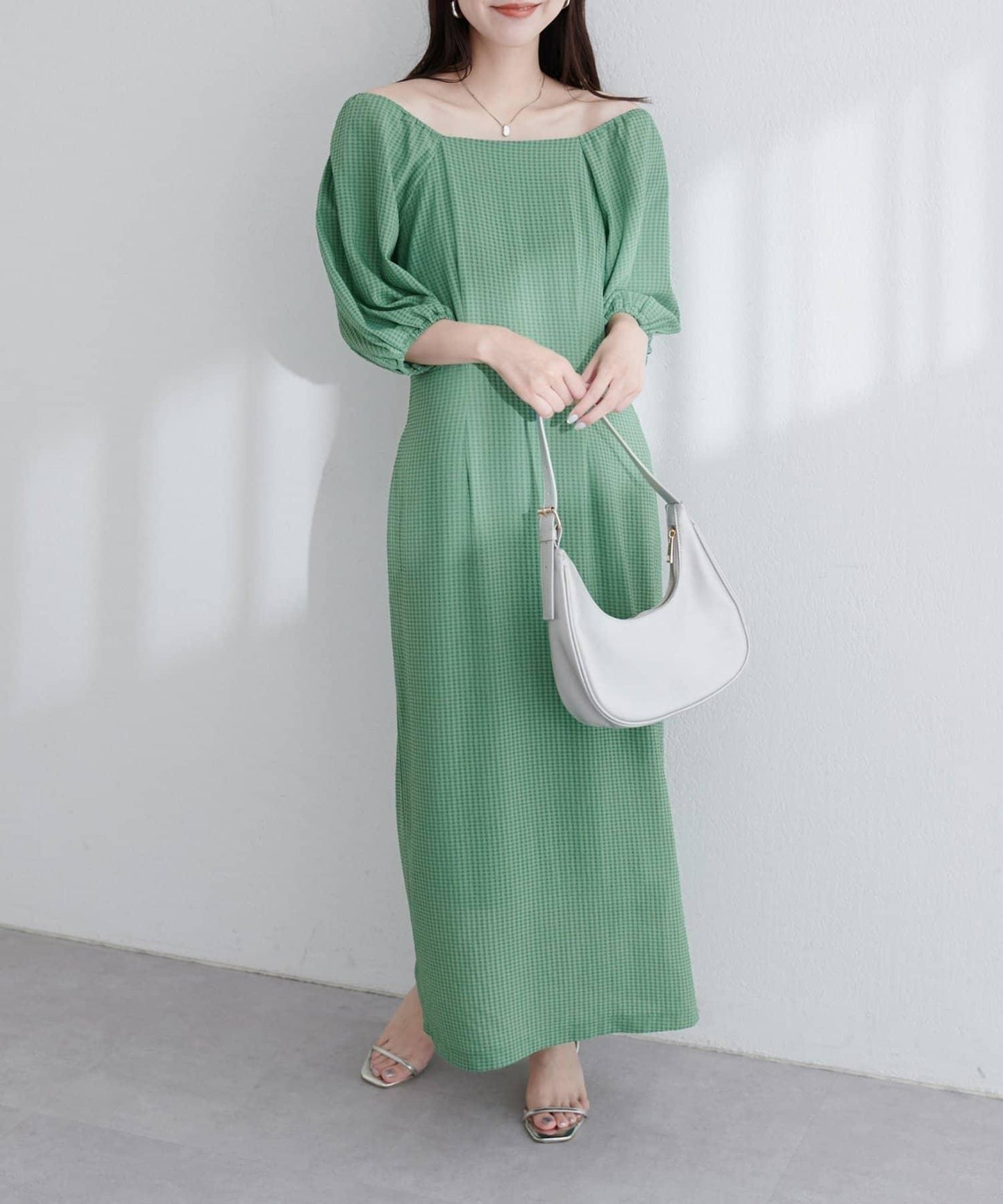 【natural couture】立體格紋泡泡袖連衣裙