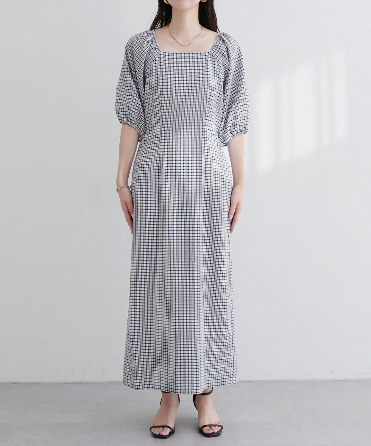 【natural couture】立體格紋泡泡袖連衣裙