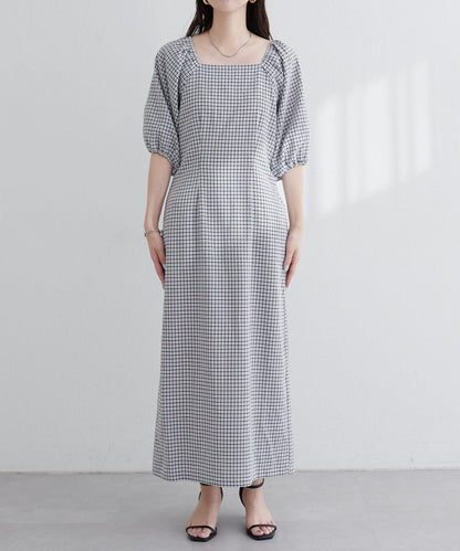 【natural couture】立體格紋泡泡袖連衣裙