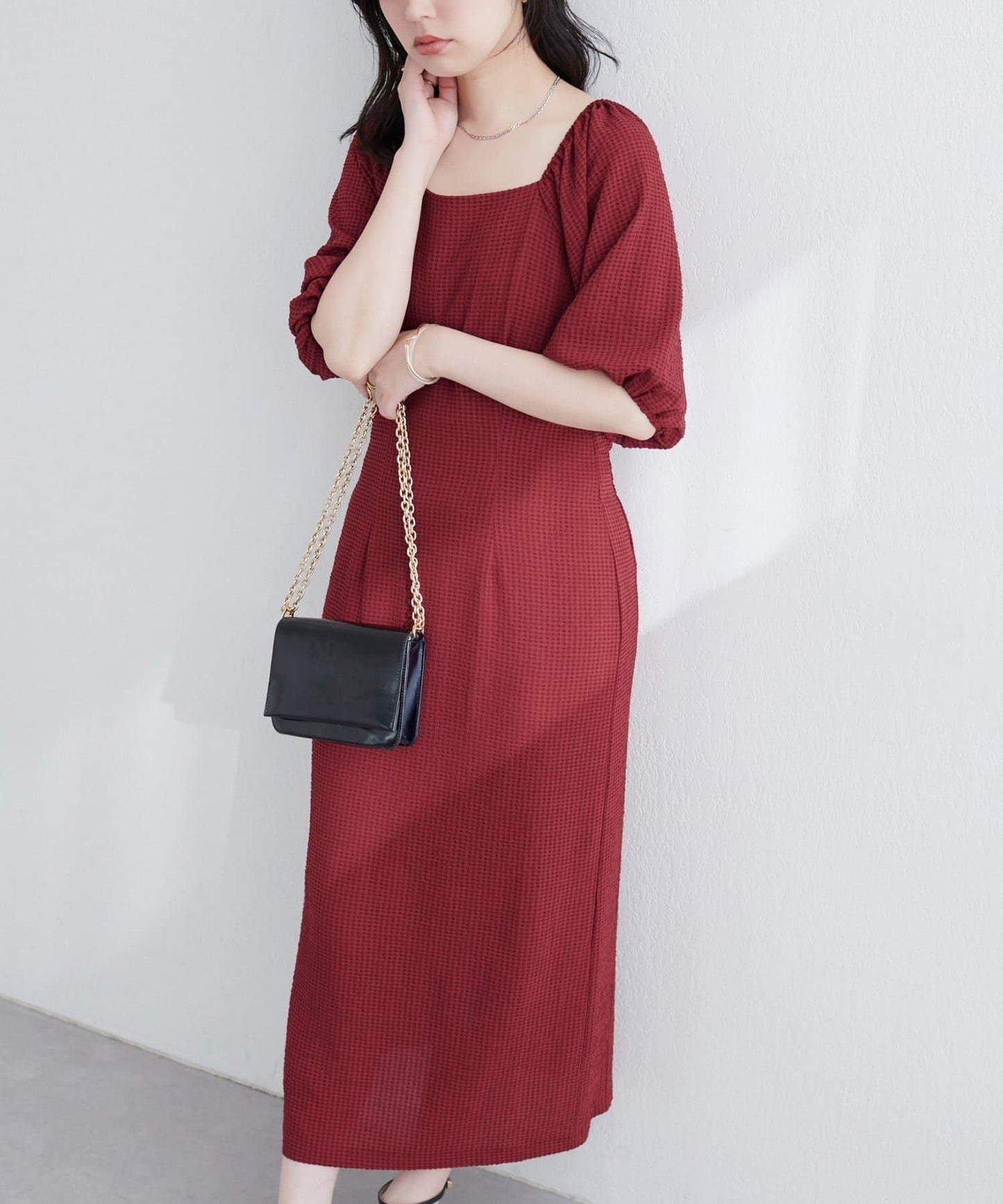 【natural couture】立體格紋泡泡袖連衣裙