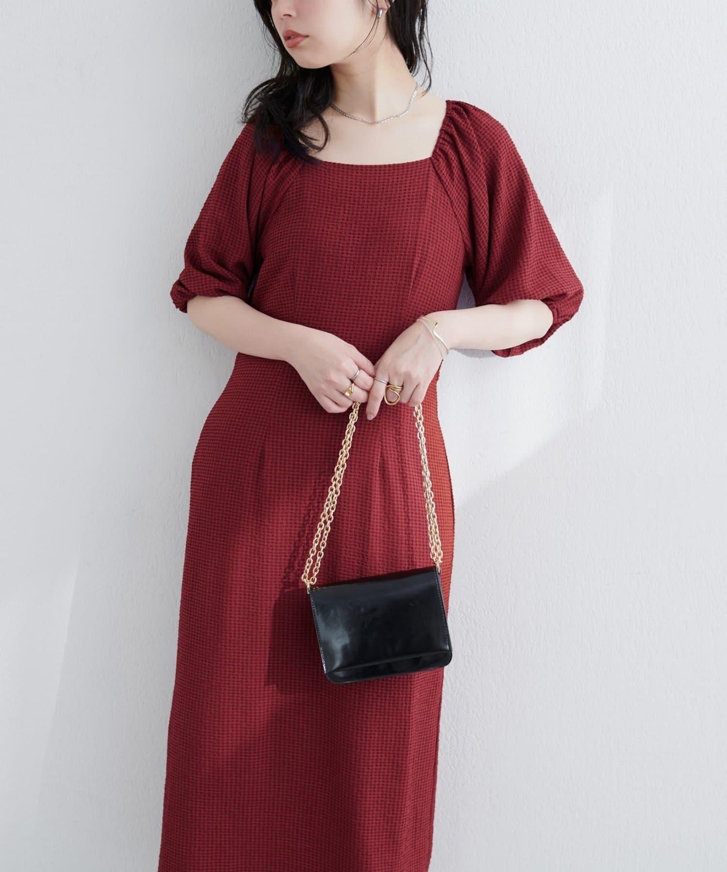 【natural couture】立體格紋泡泡袖連衣裙