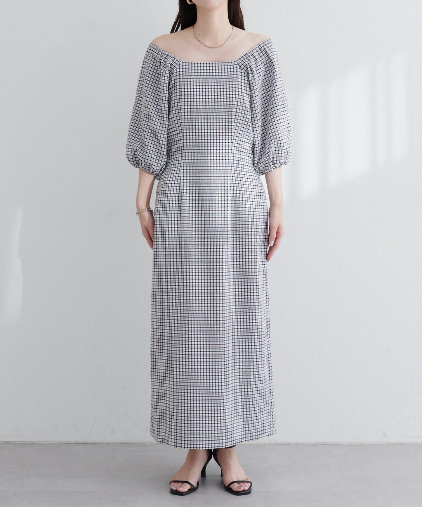 【natural couture】立體格紋泡泡袖連衣裙