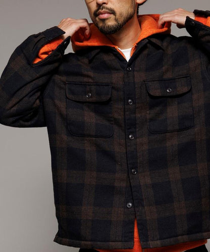 寬鬆版型水洗羊毛混紡法蘭絨加棉格紋襯衫夾克