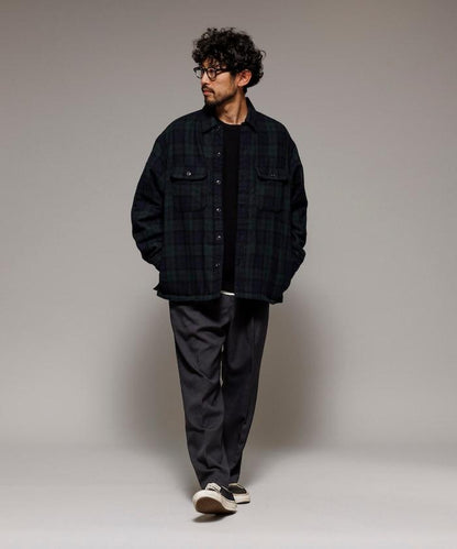 寬鬆版型水洗羊毛混紡法蘭絨加棉格紋襯衫夾克