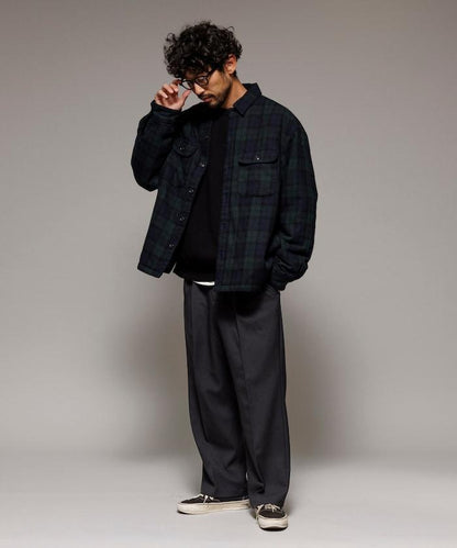 寬鬆版型水洗羊毛混紡法蘭絨加棉格紋襯衫夾克