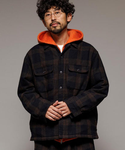 寬鬆版型水洗羊毛混紡法蘭絨加棉格紋襯衫夾克