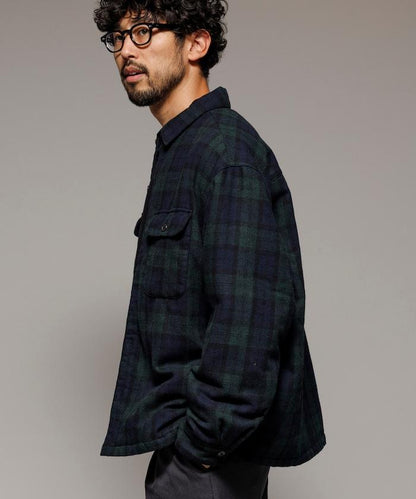 寬鬆版型水洗羊毛混紡法蘭絨加棉格紋襯衫夾克