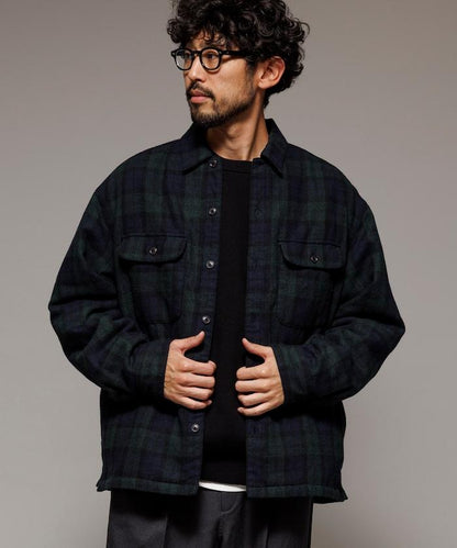 寬鬆版型水洗羊毛混紡法蘭絨加棉格紋襯衫夾克