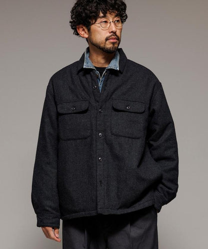 寬鬆版型水洗羊毛混紡法蘭絨加棉格紋襯衫夾克