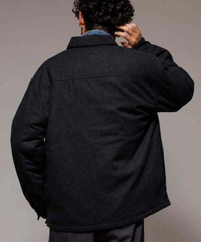 寬鬆版型水洗羊毛混紡法蘭絨加棉格紋襯衫夾克