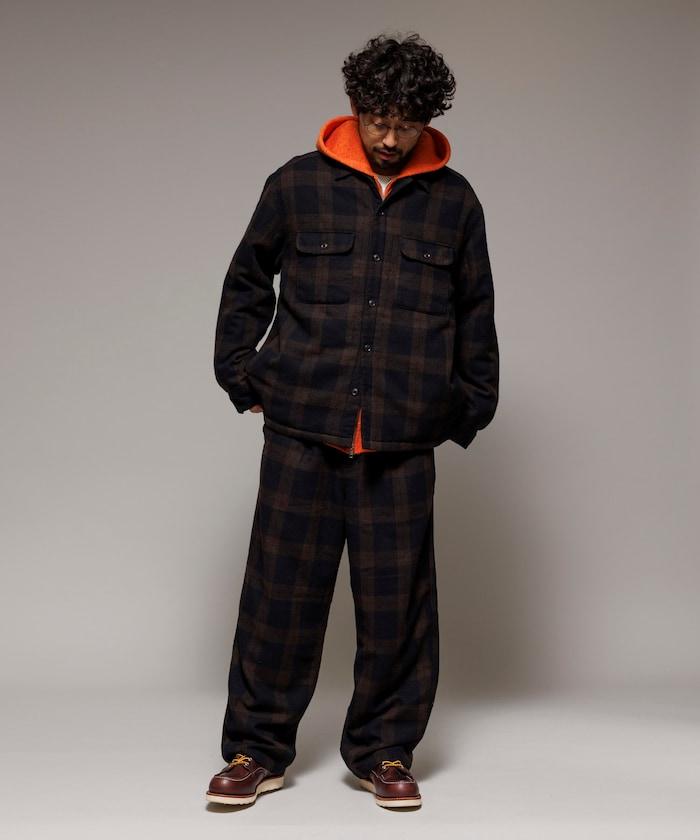 寬鬆版型水洗羊毛混紡法蘭絨加棉格紋襯衫夾克