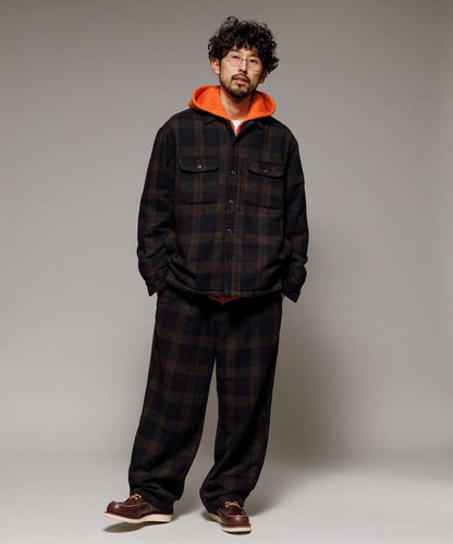 寬鬆版型水洗羊毛混紡法蘭絨加棉格紋襯衫夾克