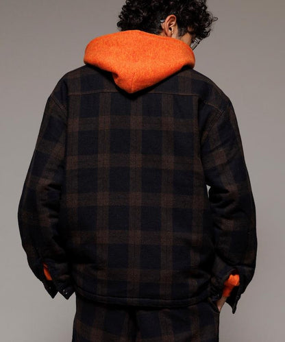 寬鬆版型水洗羊毛混紡法蘭絨加棉格紋襯衫夾克