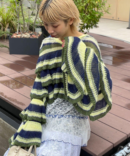 【HELLO.SANFRANCISCO/ハローサンフランシスコ】多色條紋透視荷葉邊針織衫