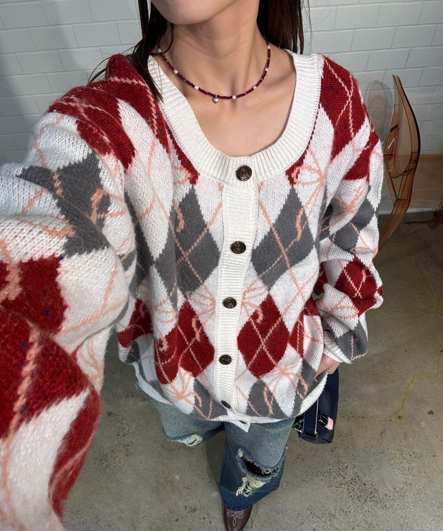 蝴蝶結菱格針織開衫