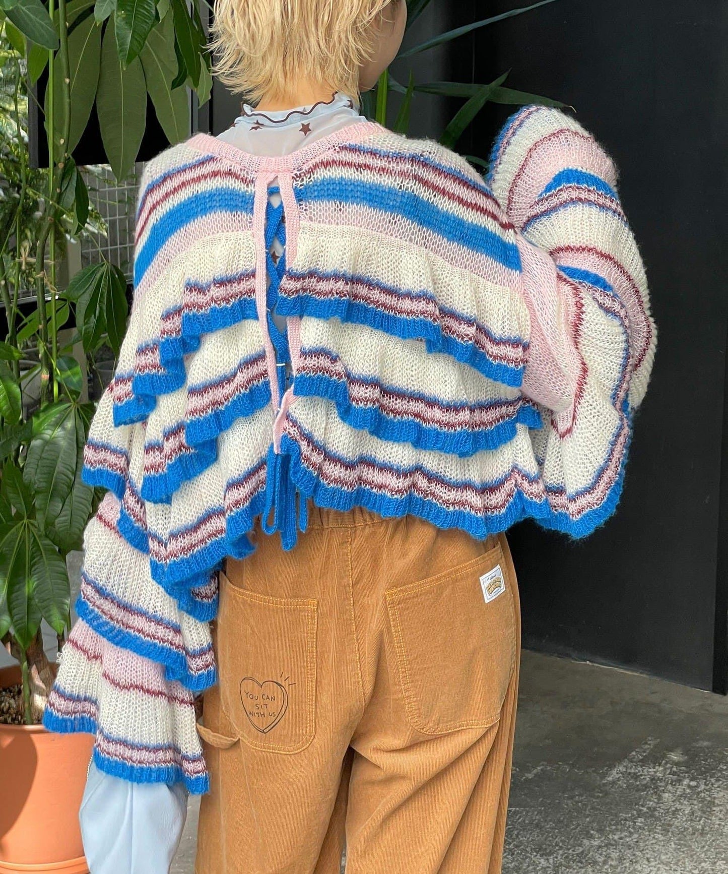 【HELLO.SANFRANCISCO/ハローサンフランシスコ】多色條紋透視荷葉邊針織衫