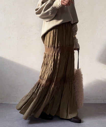 蕾絲拼接褶皺半身裙