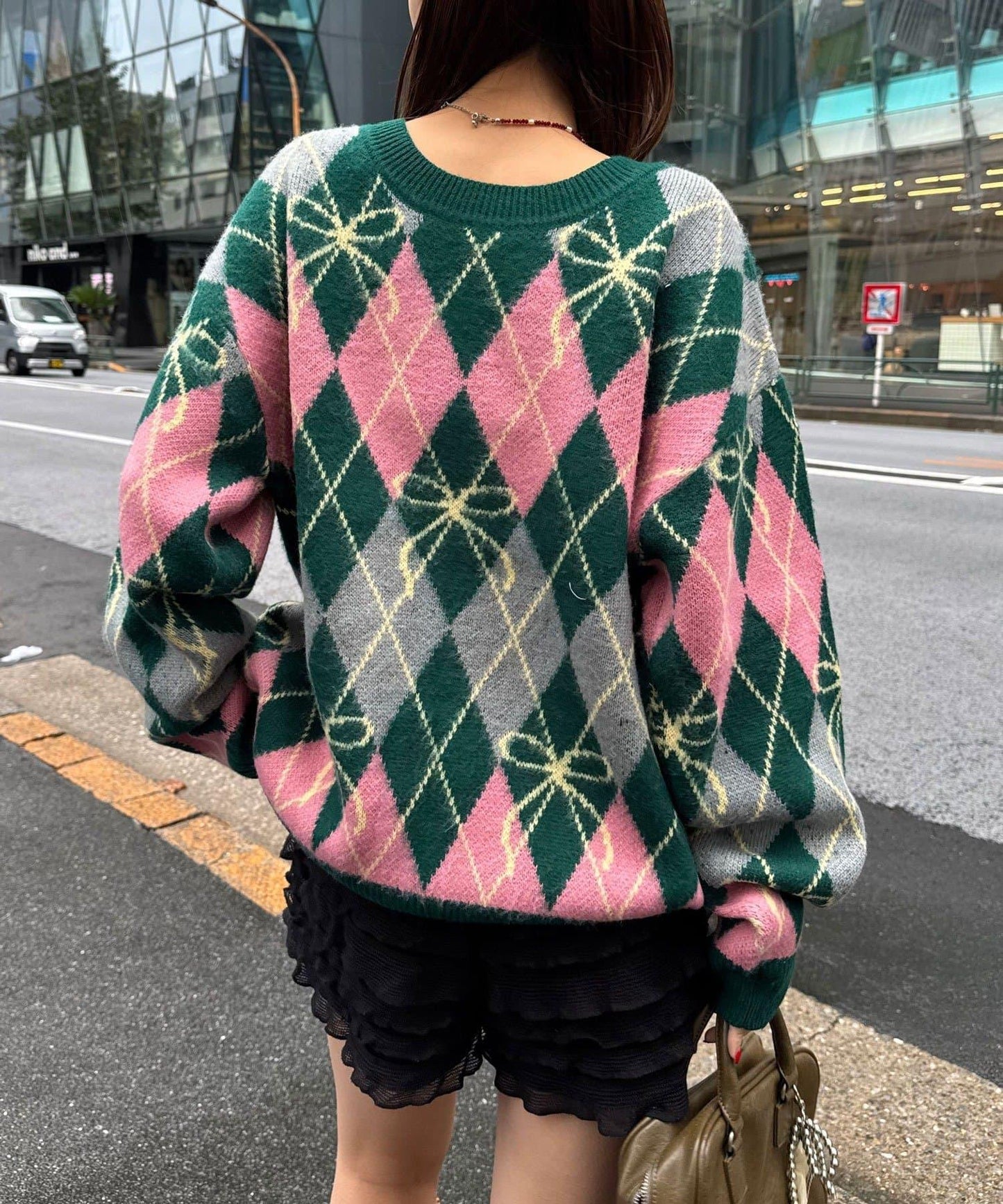 蝴蝶結菱格針織開衫