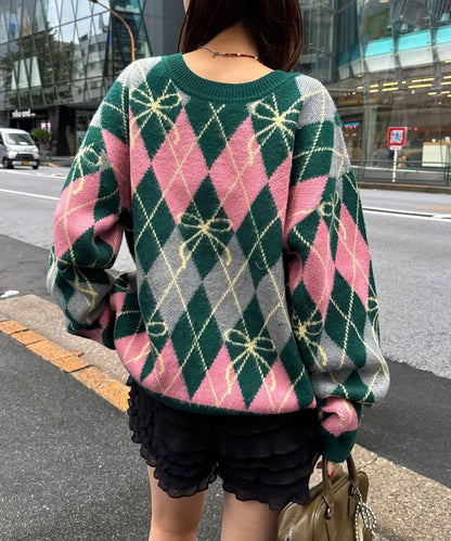 蝴蝶結菱格針織開衫