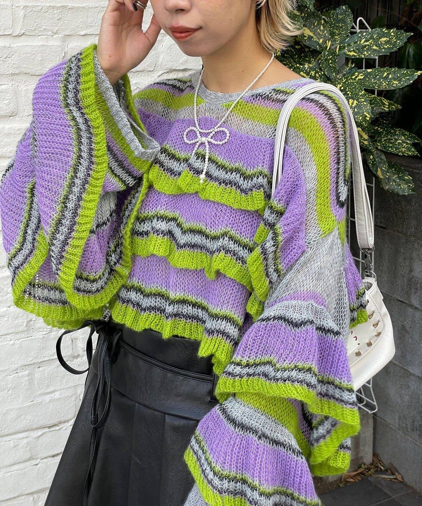 【HELLO.SANFRANCISCO/ハローサンフランシスコ】多色條紋透視荷葉邊針織衫