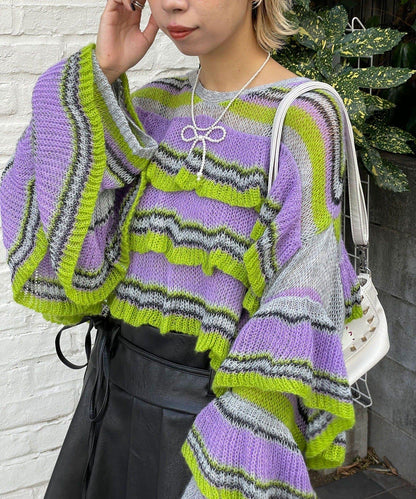 【HELLO.SANFRANCISCO/ハローサンフランシスコ】多色條紋透視荷葉邊針織衫