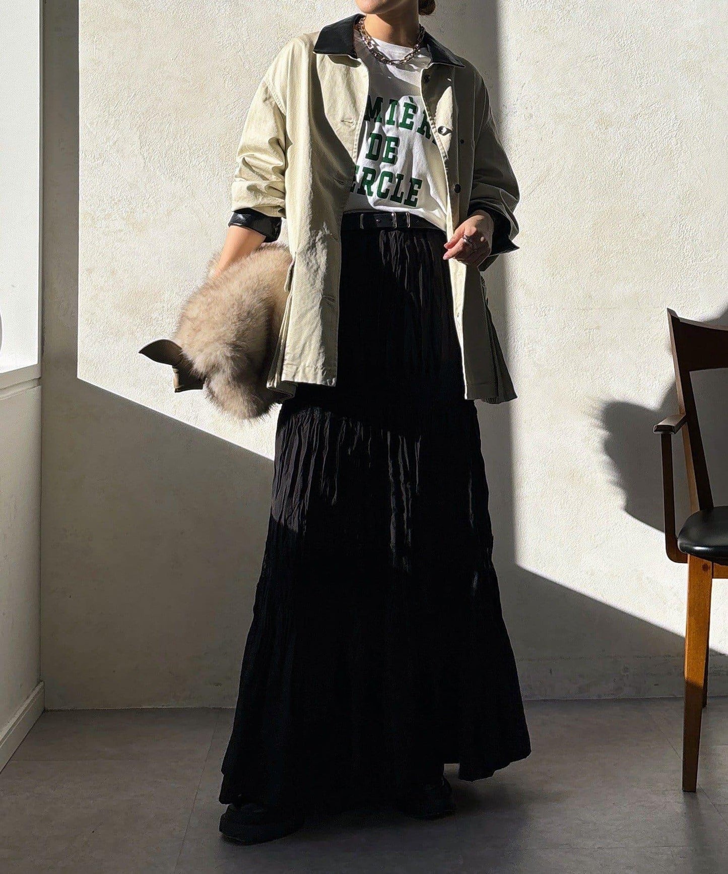 蕾絲拼接褶皺半身裙