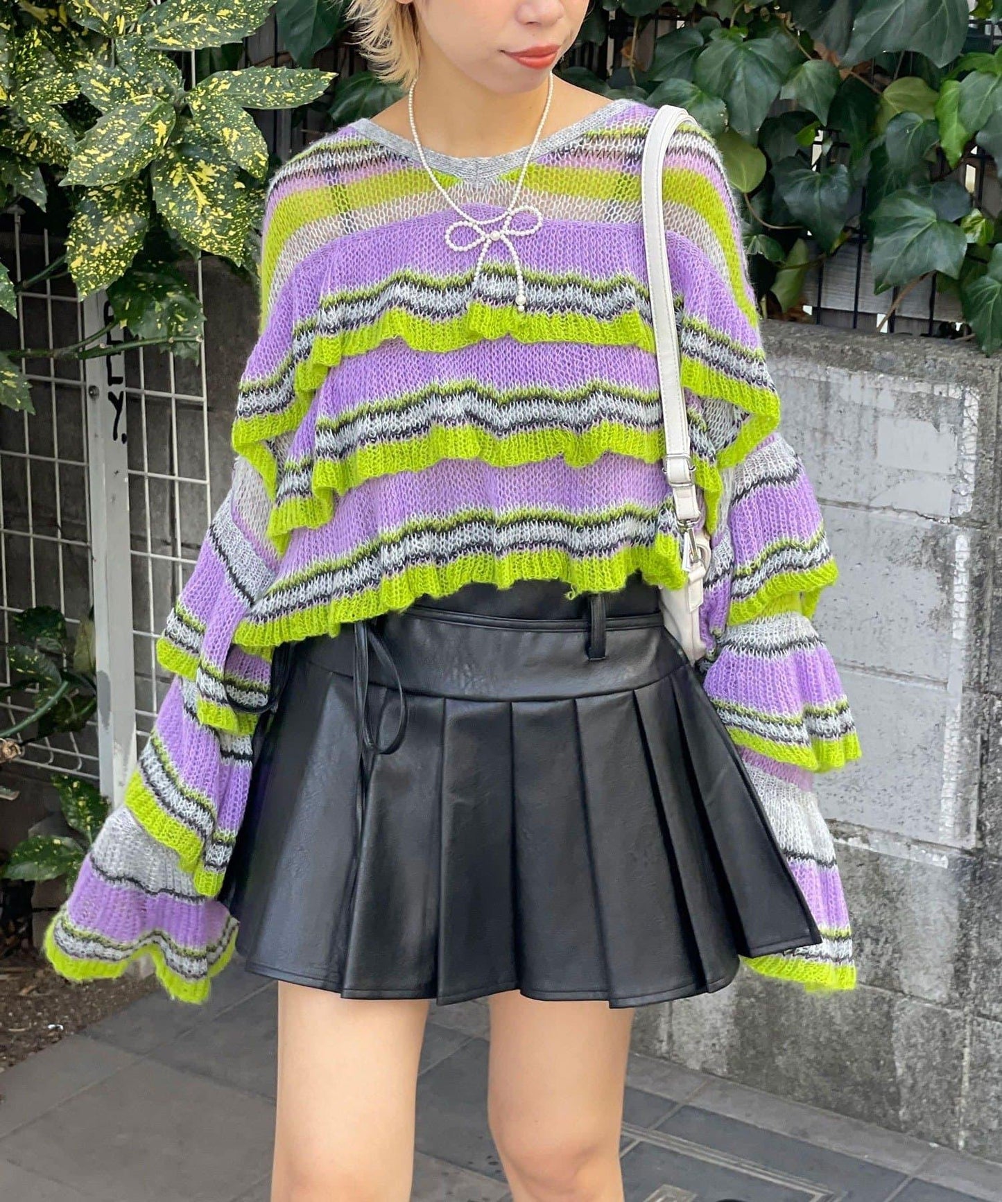 【HELLO.SANFRANCISCO/ハローサンフランシスコ】多色條紋透視荷葉邊針織衫