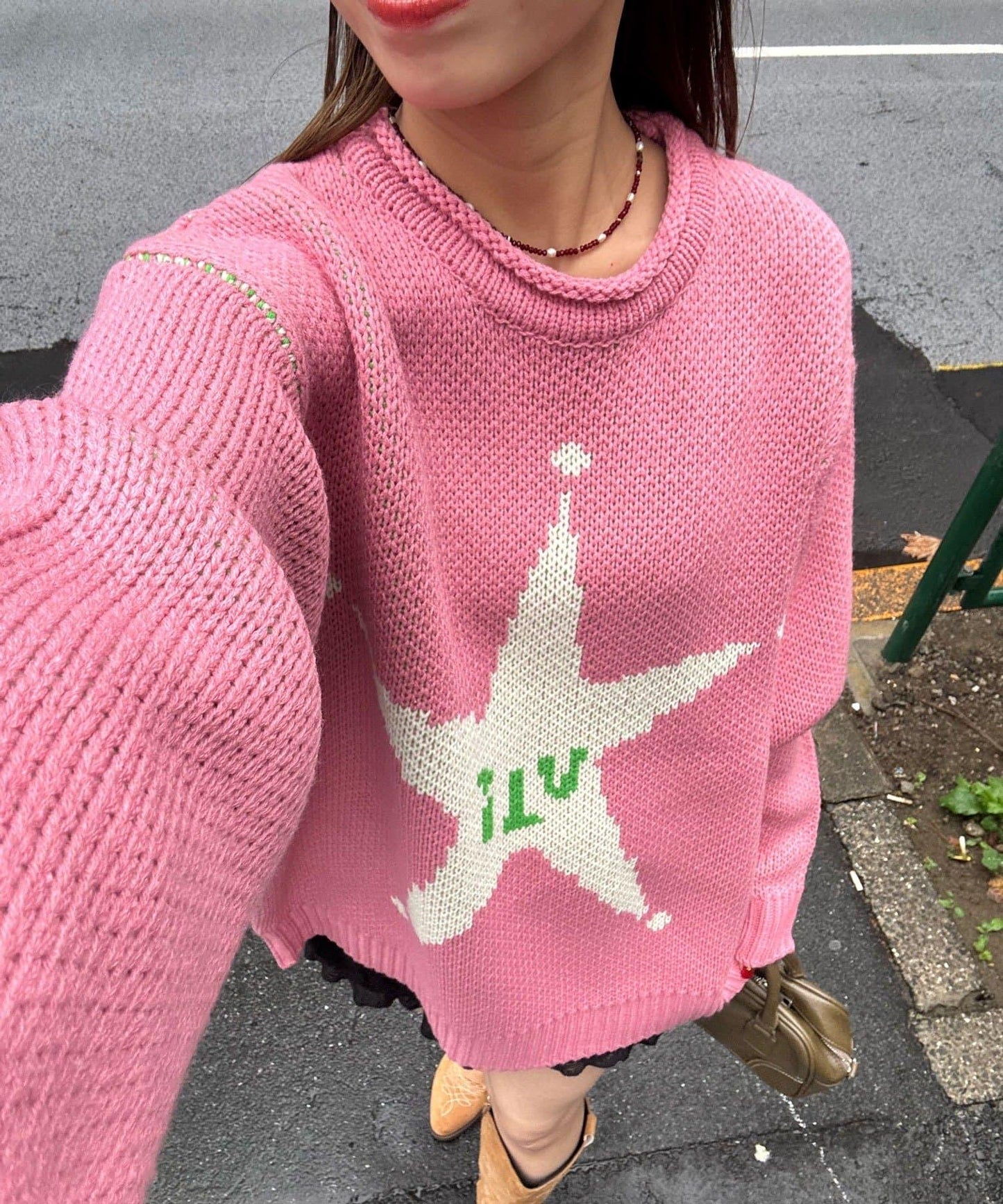 低密度提花拼接寬鬆針織衫