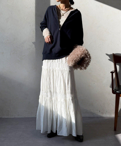 蕾絲拼接褶皺半身裙