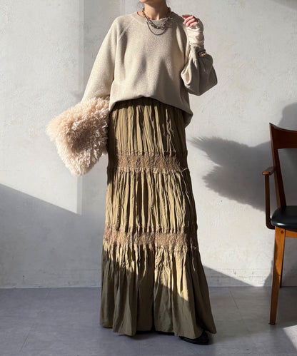 蕾絲拼接褶皺半身裙