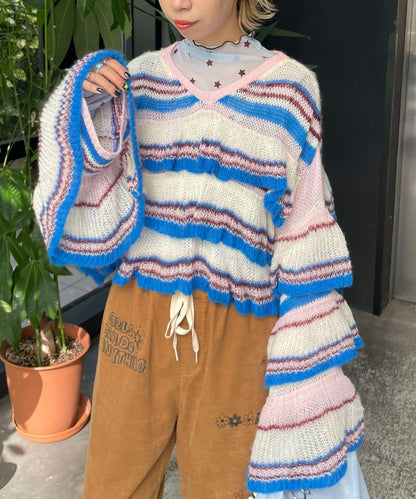 【HELLO.SANFRANCISCO/ハローサンフランシスコ】多色條紋透視荷葉邊針織衫