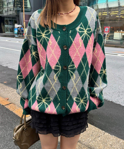 蝴蝶結菱格針織開衫