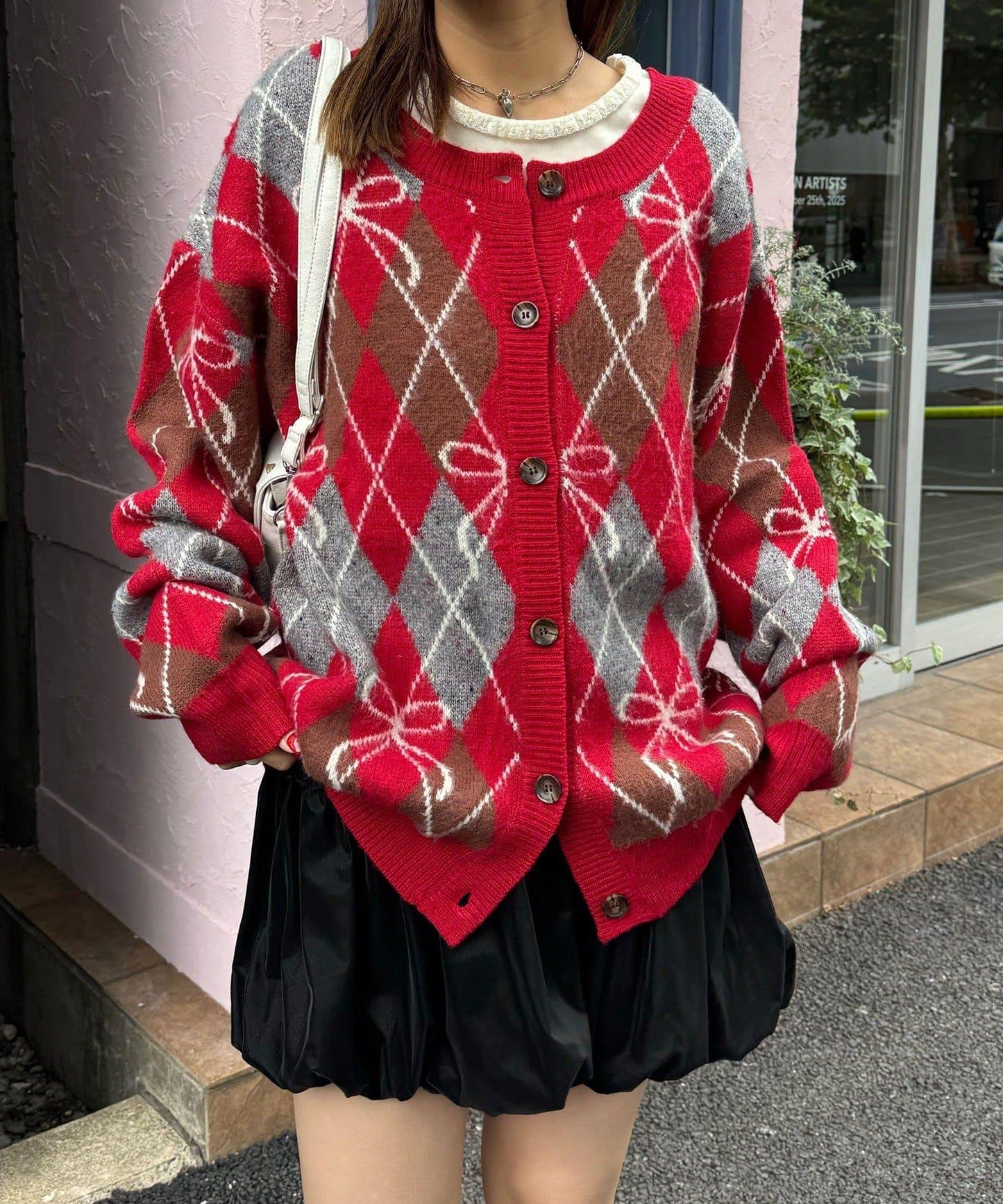 蝴蝶結菱格針織開衫