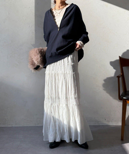 蕾絲拼接褶皺半身裙