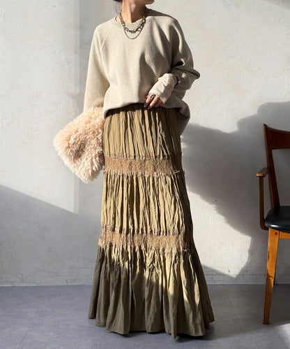 蕾絲拼接褶皺半身裙