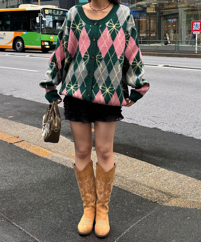 蝴蝶結菱格針織開衫