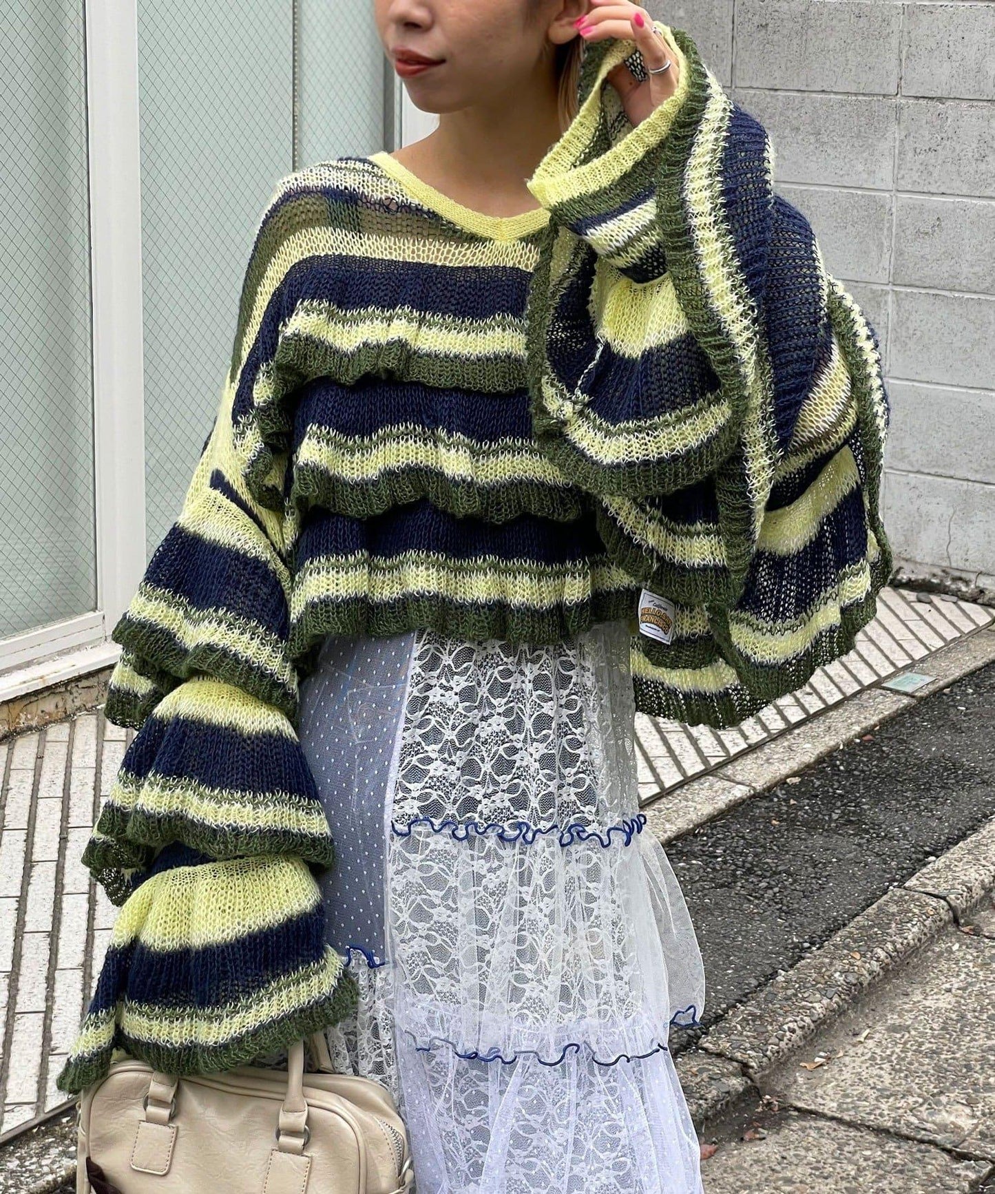 【HELLO.SANFRANCISCO/ハローサンフランシスコ】多色條紋透視荷葉邊針織衫